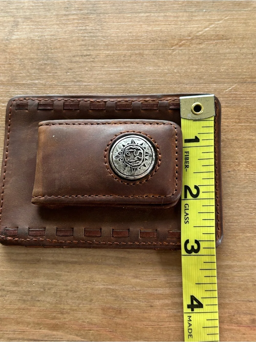 Classic Brown Leather Magnetic Money Clip Card Holder with Silver Concho